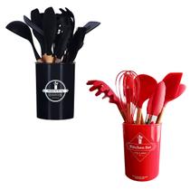 Kit Completo Com 12 Utensílios De Cozinha de Silicone Com Cabo de Madeira Pegador Concha Colher