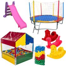 Kit Completo Com Cama Elástica 2,30m Piscina de Bolinhas 1,00m 500 Bolinhas Escorregador Médio 3 Gangorras de 1 Lugar Kit Completo Com Cama Elástica 2,30m Piscina de Bolinhas 1,00m 500 Bolinhas Escorregador Médio 3 Gangorras de 1 Lugar