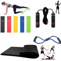 kit Completo Com Colchonete 5 Mini Band Corda de pular Elástico de Tensão Musculação Em Casa
