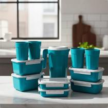 Kit Completo Cozinha 11 Peças Plástico Tampa Branca Reutilizável Potes Copos e Jarra