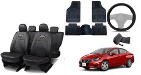 Kit Completo de Capa de Couro para Versa 19-22 + Tapete e Capa de Volante