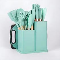 Kit Completo de Cozinha 19 Utensílios com Cabo de Madeira e Silicone Tábua de Corte Inclusa - Verde