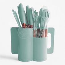 Kit Completo de Cozinha 19 Utensílios de Silicone e Madeira com Porta Talheres Oval - Verde