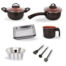 Kit Completo de Cozinha Antiaderente Alumínio Preto Cobre 6 Peças Panela Fervedor Forma Pudim