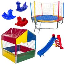 Kit Completo de Diversão Cama Elástica 2,30m Piscina de Bolinhas 1,00m Escorregador Médio 3 Gangorras 1 Lugar