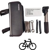 Kit completo de ferramentas para bicicleta com bomba de ar e espátulas.