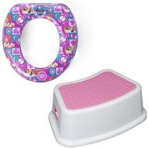 Kit Completo Desfralde Redutor Assento Vaso Sanitário Rosa e Degrau Banquinho Crescidinho Patrulha Canina