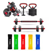 Kit Completo Fitness 6 em 1 Halteres Barra Kettlebell Anilhas e 5 Mini Band Intensidades Treino Funcional e Musculação em Casa