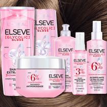 Kit Completo Glycolic Gloss Shampoo Condicionador 400ml Completo Elseve LOreal Paris Acidificante Creme de Pentear Máscara Sérum Brilho Capilar