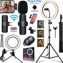 Kit Completo Gravação Luz Ring Light com Tripé Microfone Sem Fio Tipo-C Profissional Celular Vídeos