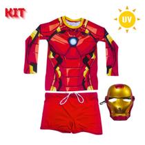 Kit Completo Homem de Ferro: Blusa UV + Sunga + Máscara Proteção e Estilo para Super-Heróis Kit Completo Homem de Ferro: Blusa UV + Sunga + Máscara Proteção e Estilo para Super-Heróis
