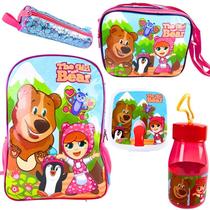Kit Completo Infantil The Girl and the Bear Mochila Lancheira Pote com Divisórias Estojo e Garrafa Wincy