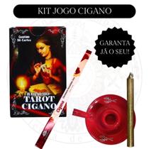 Kit Completo Jogo Cigano com 1 Baralho Tarot Cigano 1 Castiçal 1 Vela 1 Incenso 1 Porta Incenso 1 Ar