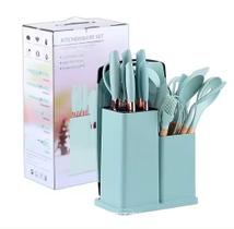 Kit Completo Jogo Utensílios de Cozinha Luxo 19 Peças Com Tábua em Silicone Espátula Faca Tesoura