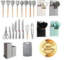 Kit Completo Jogo Utensílios de Cozinha Luxo 19 Peças Com Tábua em Silicone Espátula Faca Tesoura