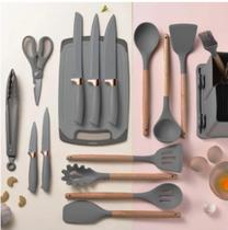 Kit Completo Jogo Utensílios de Cozinha Luxo 19 Peças Com Tábua em Silicone Espátula Faca Tesoura