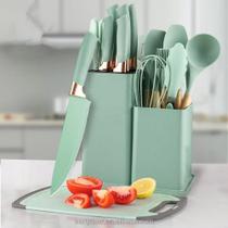 Kit Completo Jogo Utensílios de Cozinha Luxo 19 Peças Com Tábua em Silicone Espátula Faca Tesoura