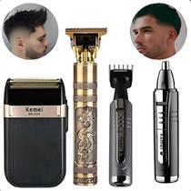 Kit Completo Kemei Profissional: Barbeador e Aparador de Pelo Azul