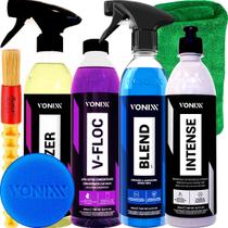 Kit Completo Limpeza Automotiva Shampoo V-Floc Cera Liquida Blend Revitalizador Intense Descontaminante Izer Pano Aplicador Pincel Vonixx