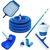 Kit Completo Limpeza de Piscina Brustec Cabo Telescópico 3m Aspirador Peneira Escova Clorador Mangueira Ponteiras e Adaptador