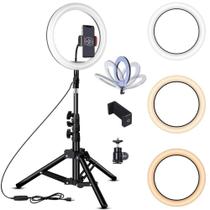 Kit Completo Luz Led Ring Light 10" 26Cm Tripé 1,6M Branco