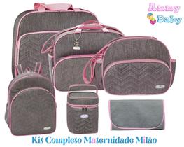 Kit Completo Mala Bolsas Mochila G Porta mamadeira e Trocador Milão Cinza/Rosa Luxo - KCM0003