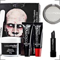 Kit completo maquiagem halloween sangue oferta profissional batom preto + pancake branco - loja do abençoado