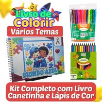 Kit Completo Mundo Azul Autismo Livro Colorir Capa Dura Folha Anti-Manchas Canetinha e Lápis de Cor