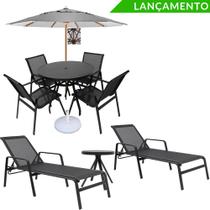 Kit completo p/piscina cadeiras espreguiçadeiras mesa e guarda sol móveis resistente a sol e chuva Sarah Móveis