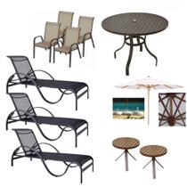 Kit completo p/piscina cadeiras espreguiçadeiras mesa e guarda sol móveis resistente a sol e chuva