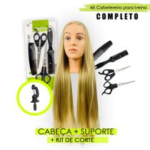 Kit Completo p/ Treino Cabelereiro Cabeça, suporte, tesouras