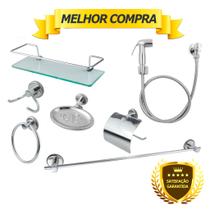 KIT COMPLETO PARA BANHEIRO 1 Porta Shampoo Reto + 1 Kit Acessórios + 1 Ducha Higiênica Abs Cromado Cód. 9810