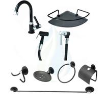 KIT COMPLETO PARA BANHEIRO 1 Torneira 1198 C-66 Abs + 1 Porta Shampoo Canto + 1 Kit Acessórios + Ducha Hig Metal PRETO
