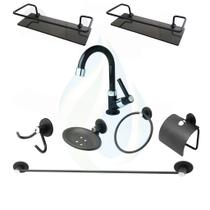 KIT COMPLETO PARA BANHEIRO 1 Torneira 1198 C-66 Abs + 2 Porta Shampoo Reto + 1 Kit Acessórios PRETO FOSCO C.1009