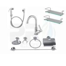 KIT COMPLETO PARA BANHEIRO 1 Torneira 1198 C-66 Abs Cromado + 2 Porta Shampoo Reto + 1 Kit Acessórios + 1 Ducha Higiên