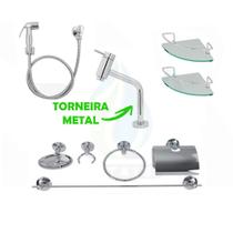 KIT COMPLETO PARA BANHEIRO 1 Torneira Link 3040 + 2 Porta Shampoo Canto + 1 Kit Acessórios + 1 Ducha Higiênica Abs Cro