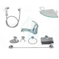 KIT COMPLETO PARA BANHEIRO 1 Torneira Mono Up Abs Cromado + 1 Porta Shampoo Canto + 1 Kit Acessórios + 1 Ducha Higiêni KIT COMPLETO PARA BANHEIRO 1 Torneira Mono Up Abs Cromado + 1 Porta Shampoo Canto + 1 Kit Acessórios + 1 Ducha Higiêni