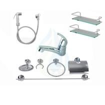 KIT COMPLETO PARA BANHEIRO 1 Torneira Mono Up Abs Cromado + 2 Porta Shampoo Reto + 1 Kit Acessórios + 1 Ducha Higiênic