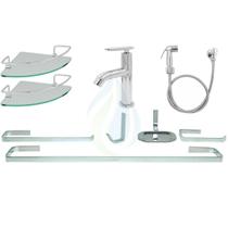 KIT COMPLETO PARA BANHEIRO 1 Torneira Slim Abs Cromado + 2 Porta Shampoo Canto + 1 Kit Acessórios QUADRADO + 1 Ducha A