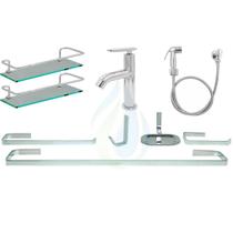 KIT COMPLETO PARA BANHEIRO 1 Torneira Slim Abs Cromado + 2 Porta Shampoo Reto + 1 Kit Acessórios QUADRADO + 1 Ducha Ab