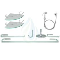 KIT COMPLETO PARA BANHEIRO 2 Porta Shampoo Canto + 1 Kit Acessórios QUADRADO + 1 Ducha Higiênica Abs Cromado Cód. 1881