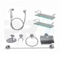 KIT COMPLETO PARA BANHEIRO 2 Porta Shampoo Reto + 1 Kit Acessórios + 1 Ducha Higiênica Abs Cromado C.1022