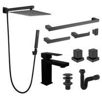Kit Completo para Banheiro Acessórios Ducha Chuveiro Lavatório Luxo Preto WJ-1013-BL Premium