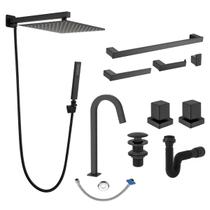 Kit Completo para Banheiro Lavatório com Acessórios Sifão, Válvula, Acabamento pra registro base padrão Deca Ducha Torneira Preto Fosco Metal Premium
