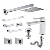 Kit Completo para banheiro Lavatório Cromado com Acessórios, monocomando baixo quadrado, válvula 7/8, sifão extensível e acabamentos para registro