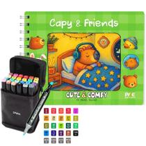 Kit Completo Para Colorir Livro Estilo Bobbie Goods Capivaras Capa Dura Verde Espiral Acetato 150G + 24 Canetas Touch