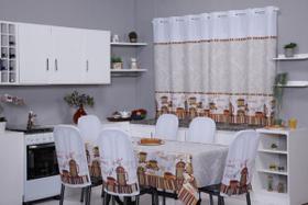 Kit Completo para Cozinha 10 Peças Cortina 2m + Toalha de Mesa 8 Lugares + Capas de Cadeira Tubular Estampa Divertida - Ametista Decorações