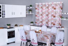 Kit Completo para Cozinha 14 Peças Cortina 2m + Toalha de Mesa 12 Lugares + Capas de Cadeira Tubular Estampa Divertida - Ametista Decorações