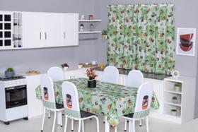 Kit Completo para Cozinha 6 Peças Cortina 2m + Toalha de Mesa 4 Lugares + Capas de Cadeira Tubular Estampa Divertida