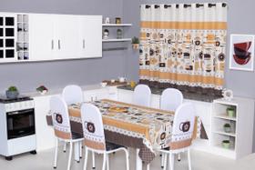 Kit Completo para Cozinha 8 Peças Cortina 2m + Toalha de Mesa 6 Lugares + Capas de Cadeira Tubular Estampa Divertida - Ametista Decorações